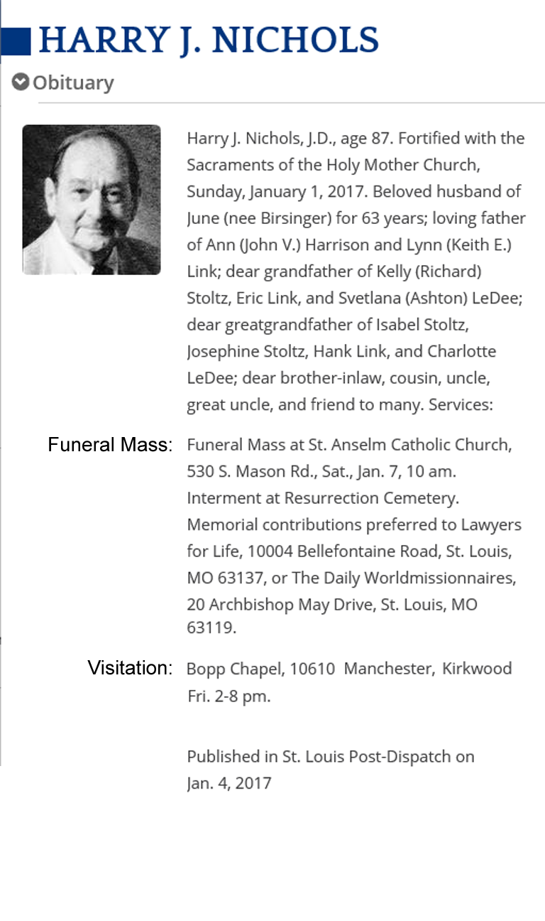 Obituary of Harry J Nichols